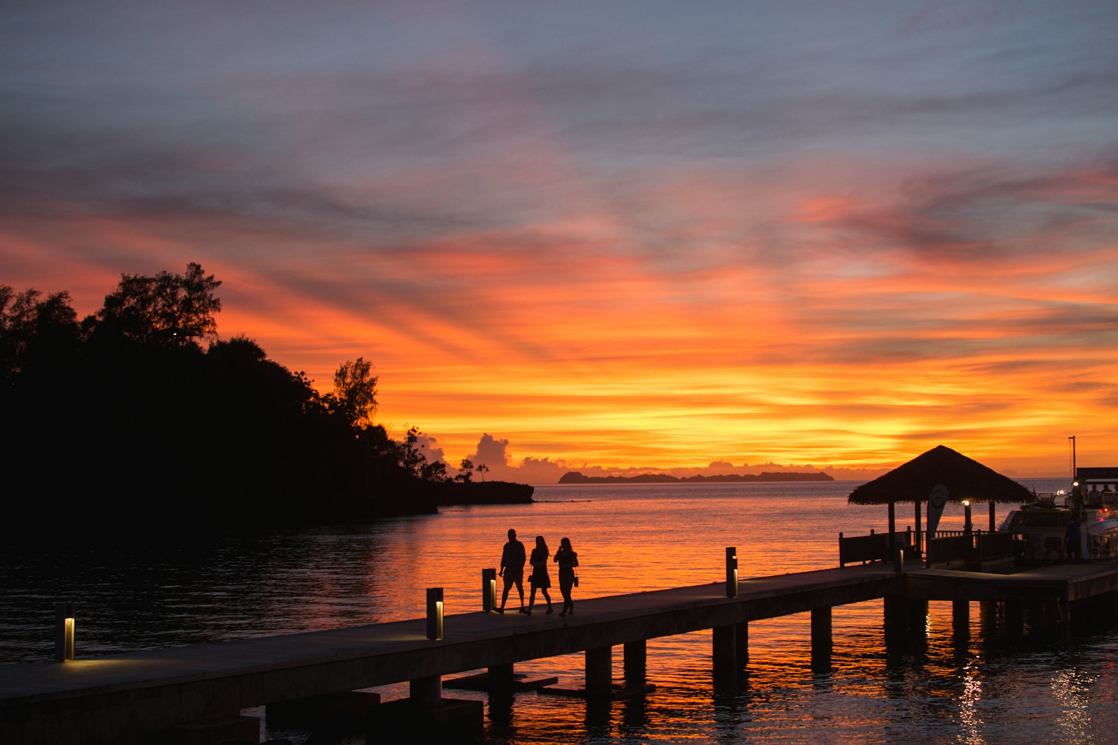 a group of people standing on a dock at sunset